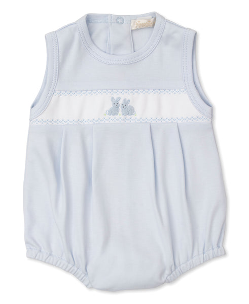 Baby's Kissy Kissy Cottontail Bubble romper made of Pima cotton with blue accents and embroidered details on a plain background.