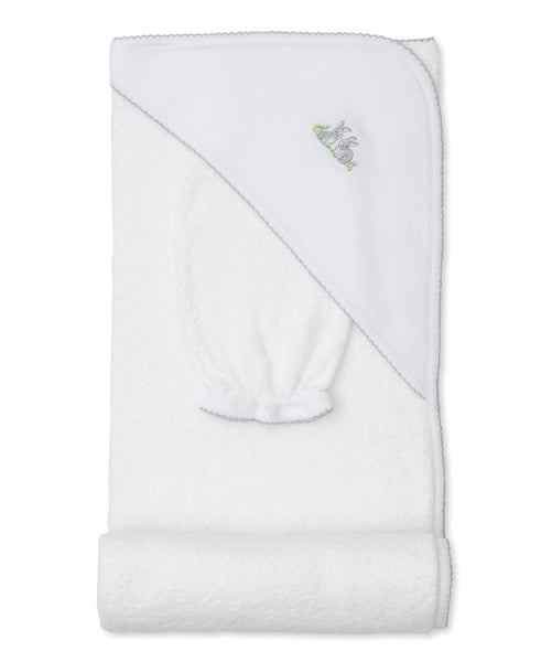 Kissy Kissy Cottontail Hollows Hooded Towel and Mitt, Silver
