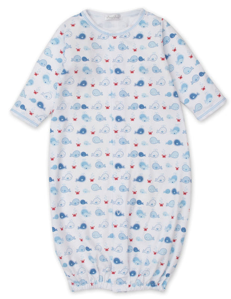Kissy Kissy Whale Watch Printed Convertible Gown with blue and red whale pattern on a white background, featuring long sleeves and a rounded neckline, crafted from soft Pima cotton.
