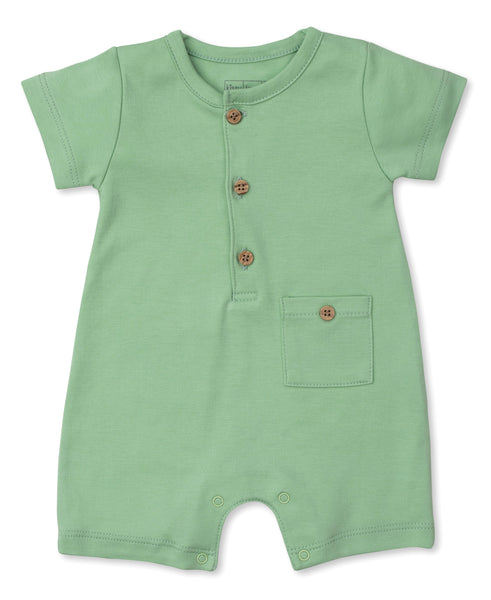 A baby's Kissy Kissy Solid Short Playsuit made of Pima cotton with buttons.