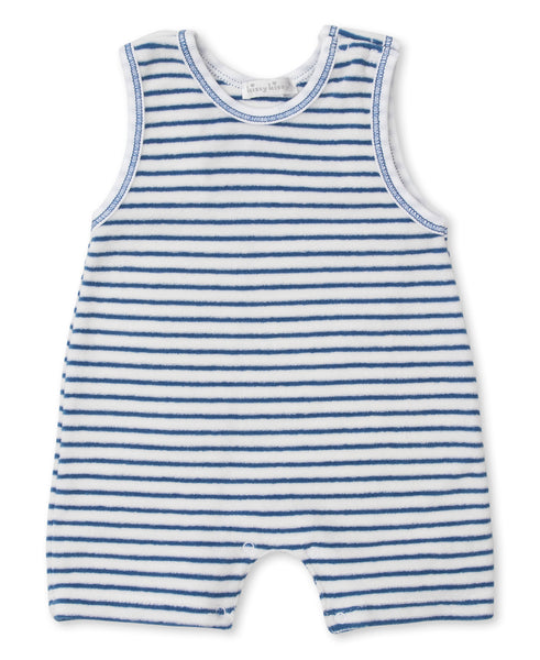 Blue and white striped Kissy Kissy Cabana Terry Stripes Sleeveless Playsuit on a white background.