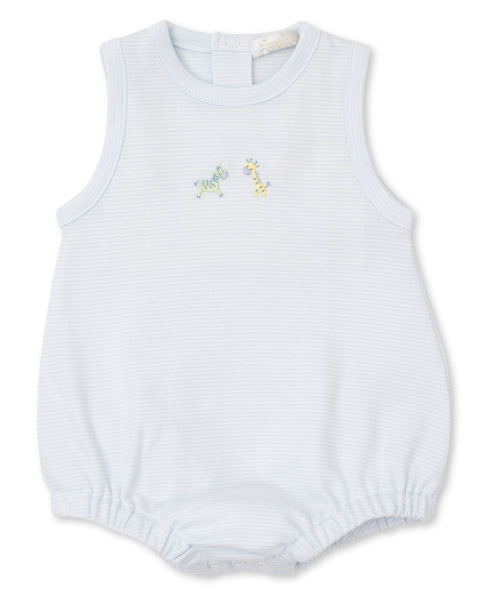 Baby's sleeveless ribbed bodysuit, made from Pima cotton, features snap buttons and embroidered giraffes from the Kissy Kissy Jungle Friends Hand Embroidered Bubble collection.