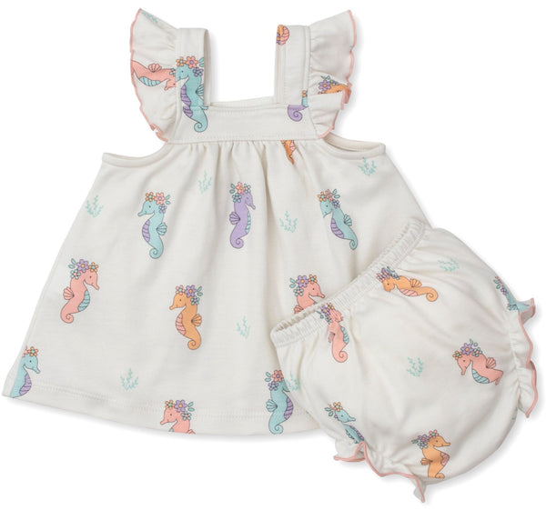 Kissy Kissy Seahorse Party Dress Set features a charming seahorse print on a white background, perfect for baby girls.