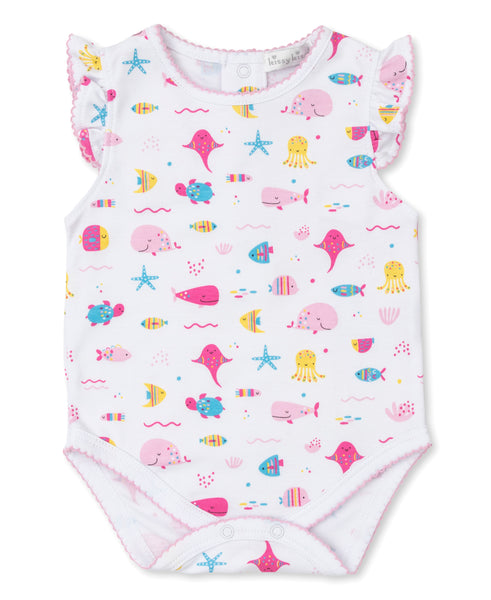Kissy Kissy Sea Life Fun Bodysuit with marine life pattern and short sleeve, made from 100% Pima Cotton.