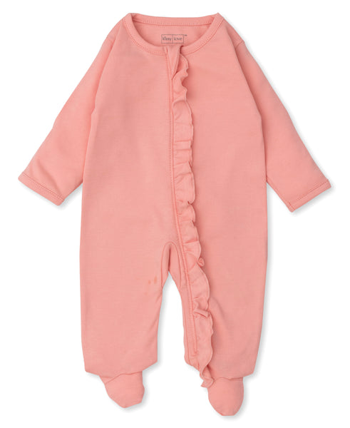 Pink Kissy Kissy Seahorse Party Zip Footie with ruffled trim and snap button closure.