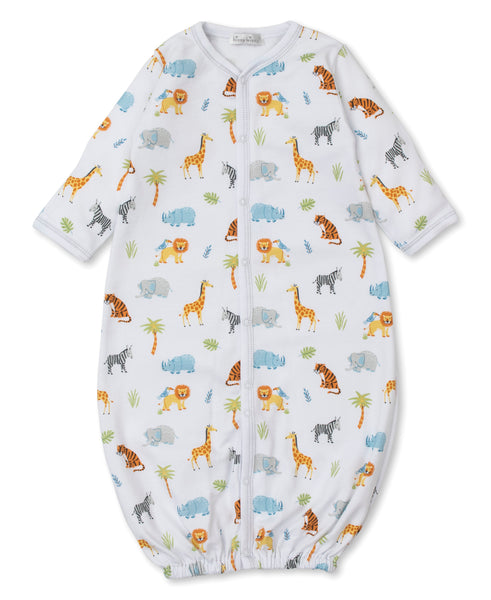 White Kissy Kissy Printed Convertible Gown with a zipper and a pattern of colorful safari animals, including giraffes, elephants, and lions, on a white background.