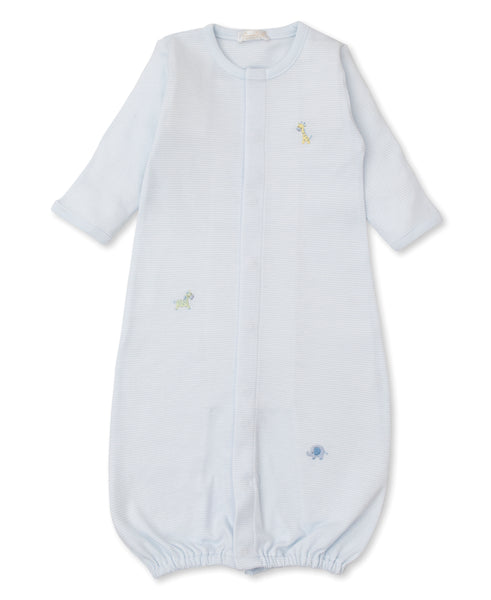 A baby boy's blue sleepsuit made of Pima cotton with an embroidered Kissy Kissy Jungle Friends pattern.