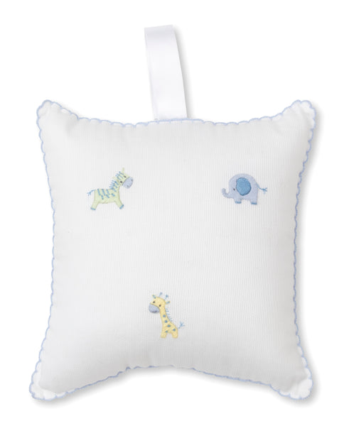 A blue and white Kissy Kissy Jungle Friends Musical Pillow with a giraffe, elephant, and zebra embroidered on it, featuring hand-embroidered detailing.