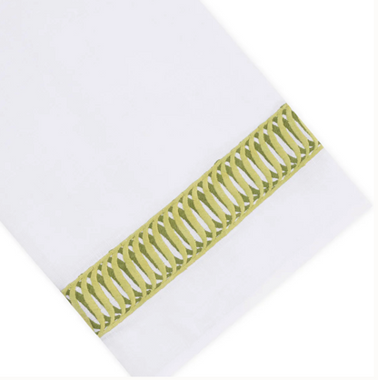Paris Bath Accessories white Italian linen hand towel with an olive green embroidered border featuring a repeating oval pattern.