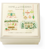 The "Home for the Holidays Gift Enclosures" by Karen Adams features hand-glittered ornament, present, fireplace, and house artwork. Includes 8 cards, 8 envelopes, and 2 festive designs.