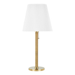 The Dorset Table Lamp by Hudson Valley Lighting features a brass base, white pleated shade, and pull chain switch, offering elegant style to any room. It stands upright on a plain white background.