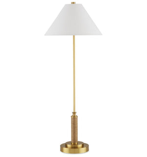 The Ippolito Brass Console Lamp by Currey and Company features an antique brass finish, slim pole, round base, white conical shade, and a jute rope-wrapped lower section.