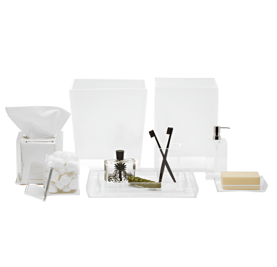 Elevate your space with the Monette Bath Collection by Pigeon & Poodle—sleek acrylic accessories including tissue box, cotton ball holder, two containers, soap dispenser, soap dish, tray, and two black toothbrushes.