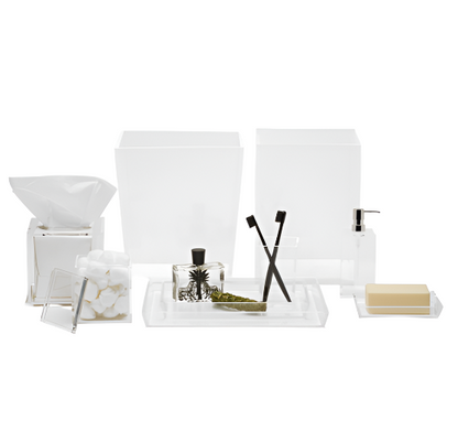 Elevate your space with the Monette Bath Collection by Pigeon & Poodle—sleek acrylic accessories including tissue box, cotton ball holder, two containers, soap dispenser, soap dish, tray, and two black toothbrushes.