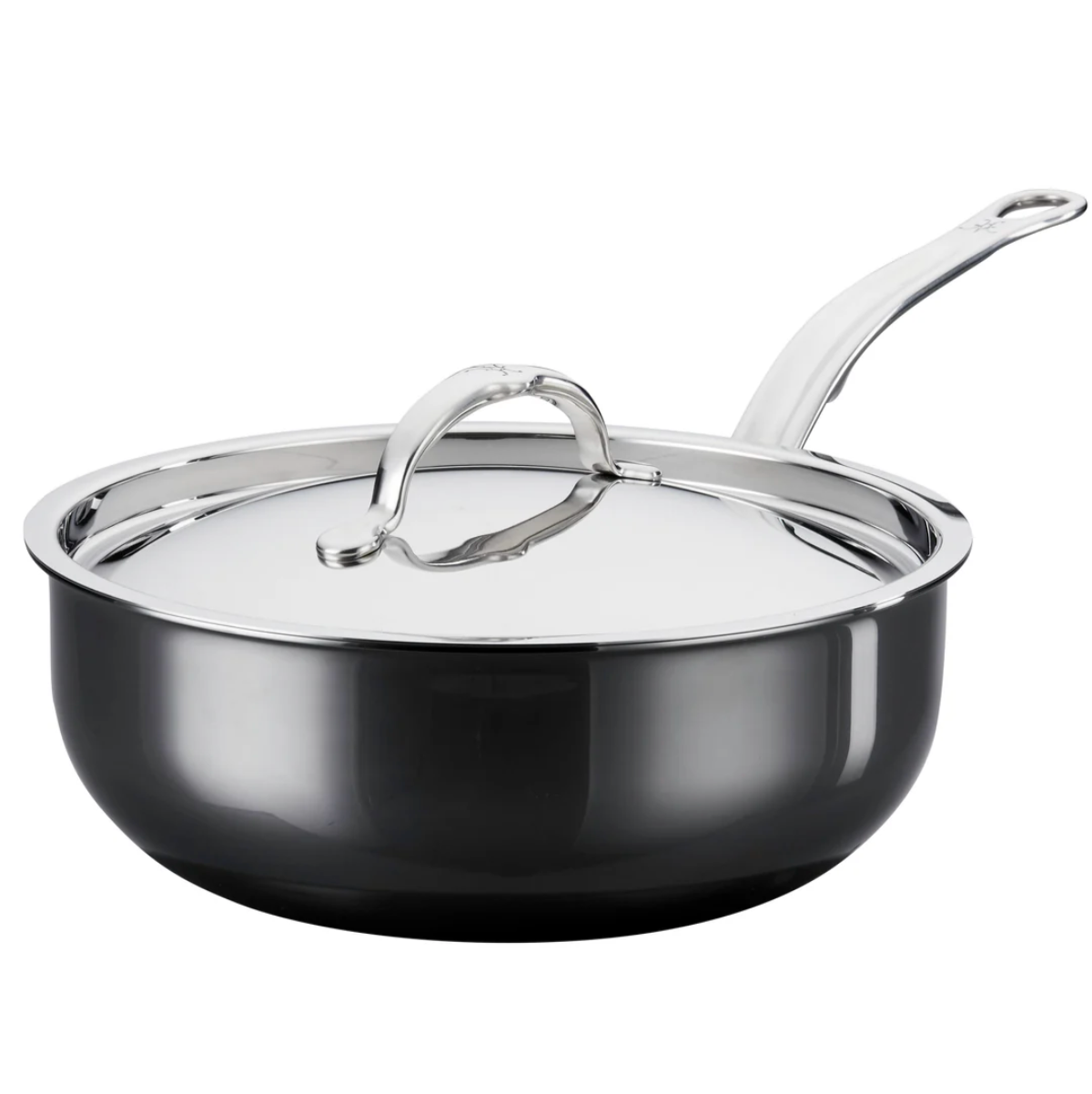 A Hestan NanoBond Titanium Essential Pan, 5qt, with a lid and long handle, metal utensil safe, is shown on a plain white background.