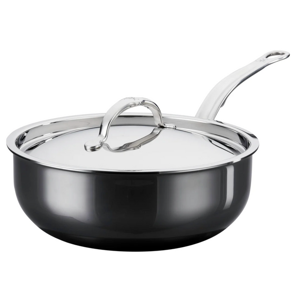 Hestan NanoBond Titanium Essential Pan, 5qt, by Hestan, elegantly showcased on a white background with its long handle and lid.