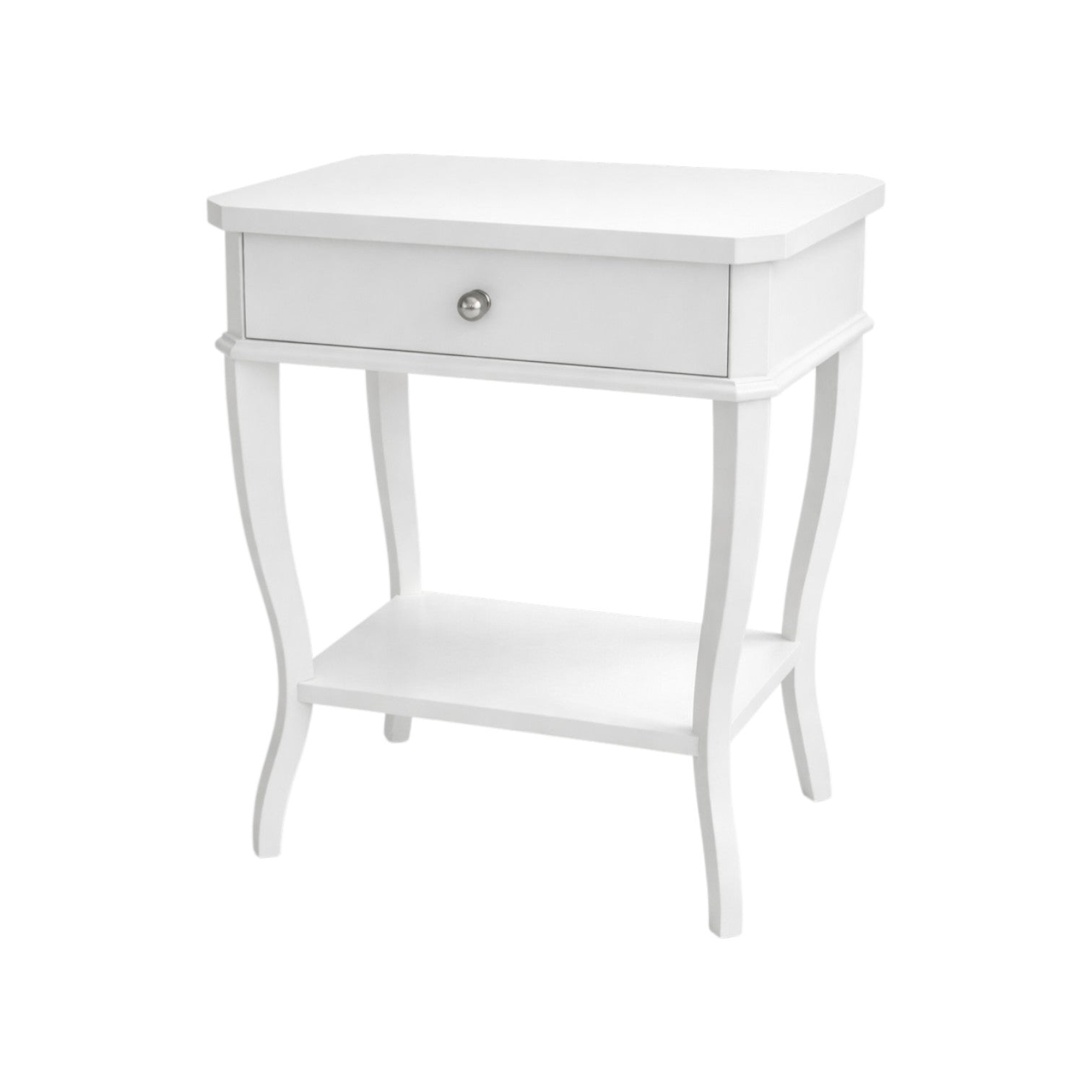 The West Paces Nightstand by Hickory Chair features a single drawer with a round metal knob, curved legs, and a lower shelf—available now at our West Palm Beach showroom.