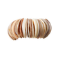 The Kim Seybert Shell Arch Napkin Ring features stacked, round shell discs in brown, cream, and beige shades, evoking coastal entertaining style—displayed on a white background.
