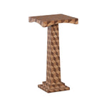 The Cora Spot Table by Hickory Chair features hand-cut wood veneers and a geometric cube pattern on the top, pedestal, and base, shown against a white background.
