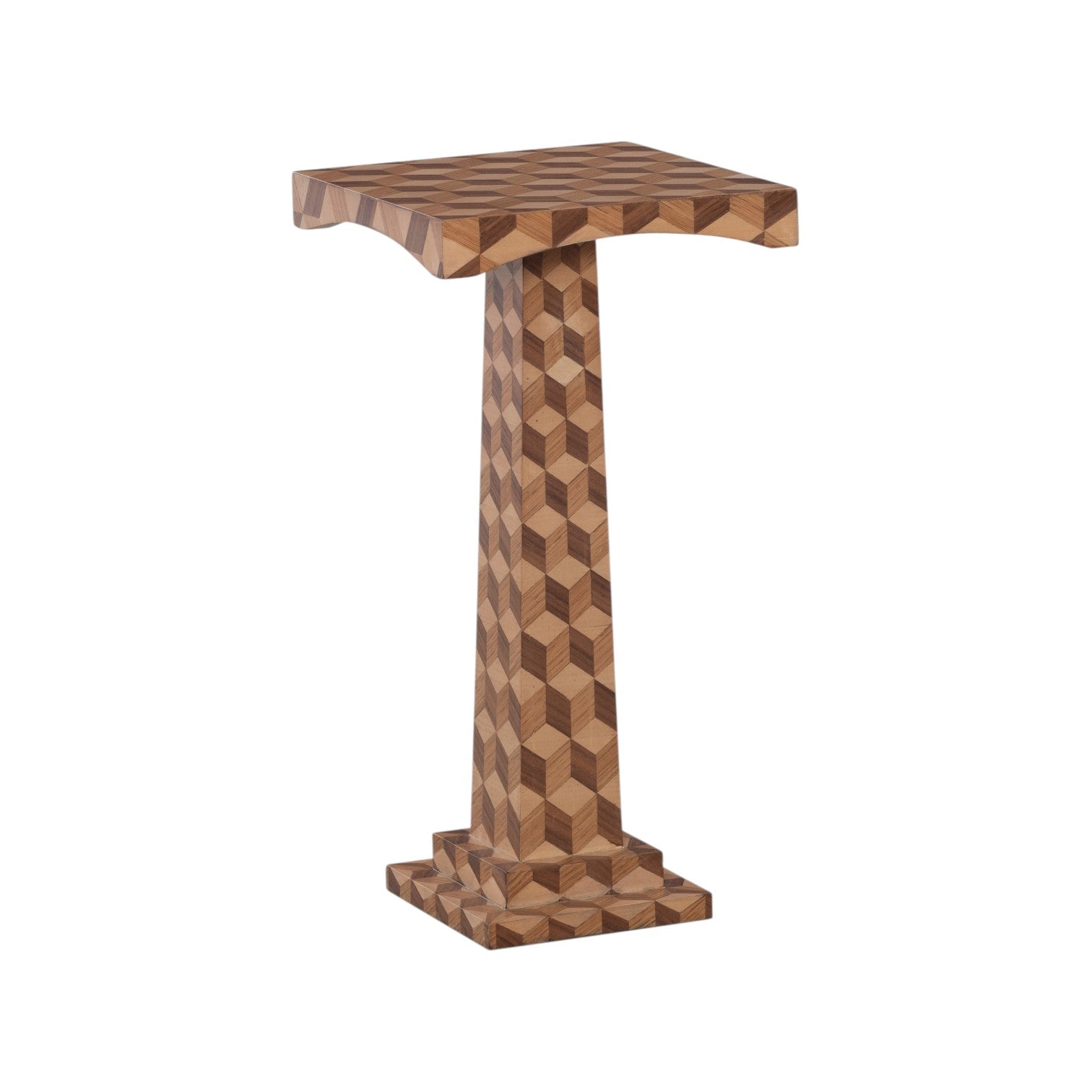 The Cora Spot Table by Hickory Chair features hand-cut wood veneers and a geometric cube pattern on the top, pedestal, and base, shown against a white background.