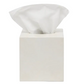 Square off-white Navagio Bath Collection tissue box cover in spiraled burl resin with a single tissue emerging from the top.