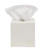 Square off-white Navagio Bath Collection tissue box cover in spiraled burl resin with a single tissue emerging from the top.