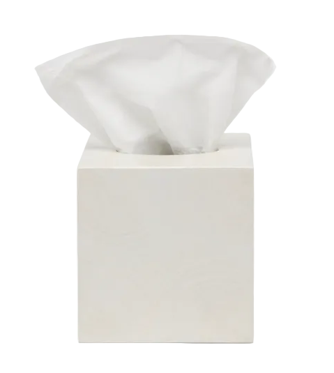 Square off-white Navagio Bath Collection tissue box cover in spiraled burl resin with a single tissue emerging from the top.
