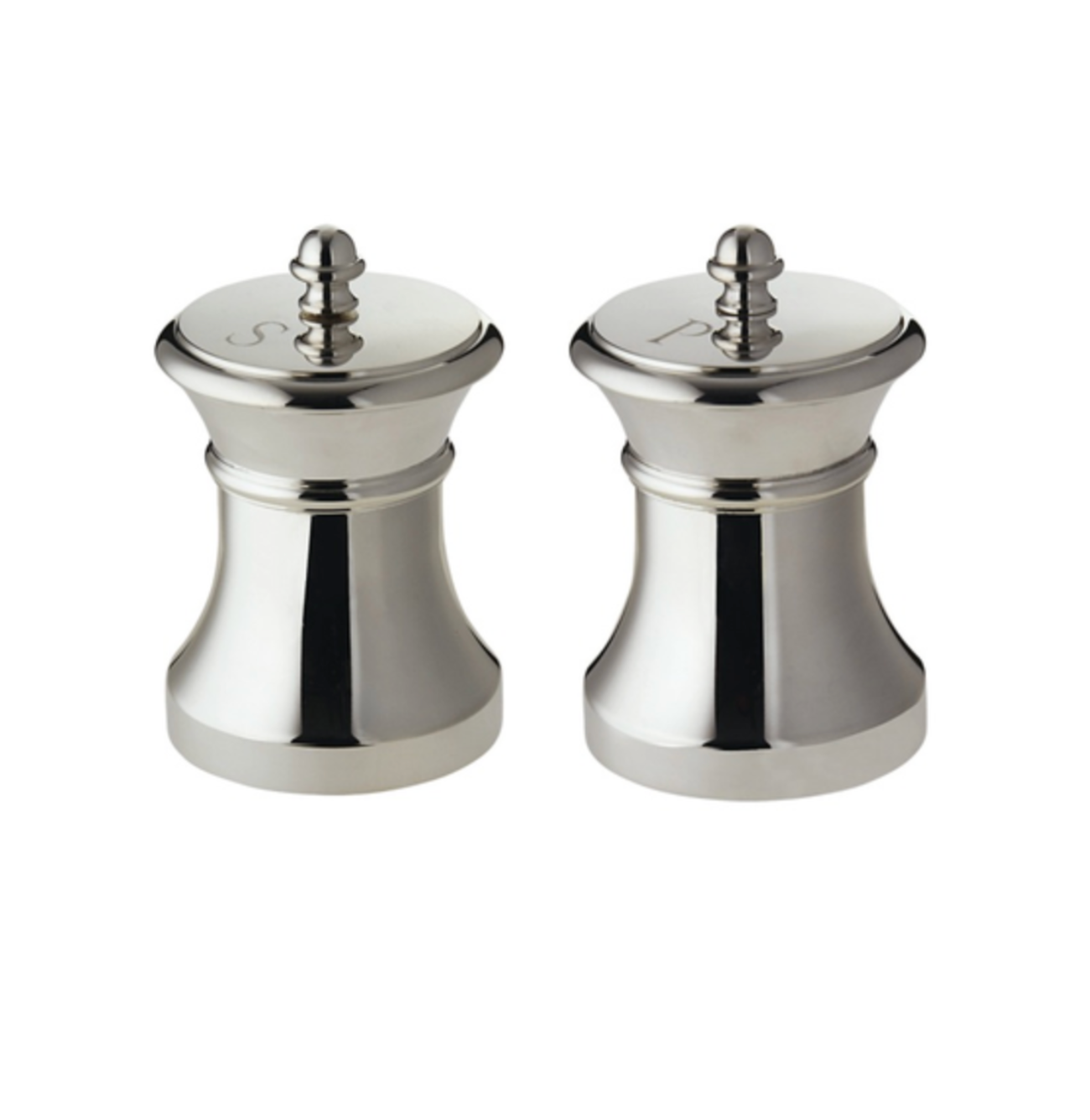 The Ercuis Salt and Pepper Mill Collection features two metallic grinders with engraved "S" and "P," shown side by side on a white background. Their mirror-effect finish brings sophisticated style to your table.