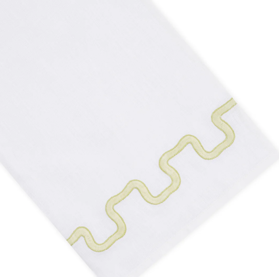 Haute Home Waverly Bath Accessories white premium linen towel with a pale green embroidered Greek key border.