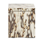 Square lidded Bisbee Bath Collection box crafted from birdseye burl veneer with a dark and light organic mottled pattern.