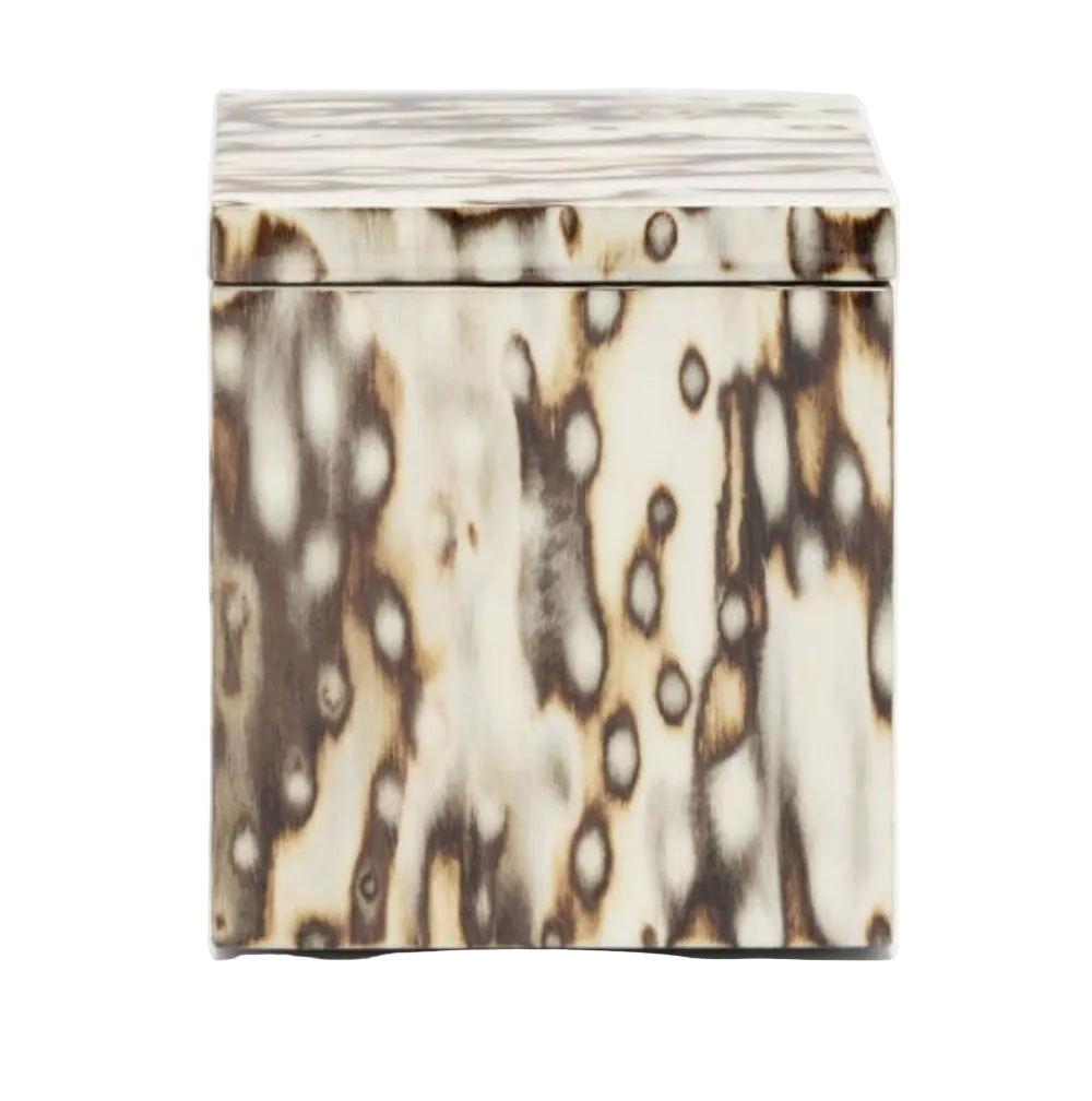 Square lidded Bisbee Bath Collection box crafted from birdseye burl veneer with a dark and light organic mottled pattern.