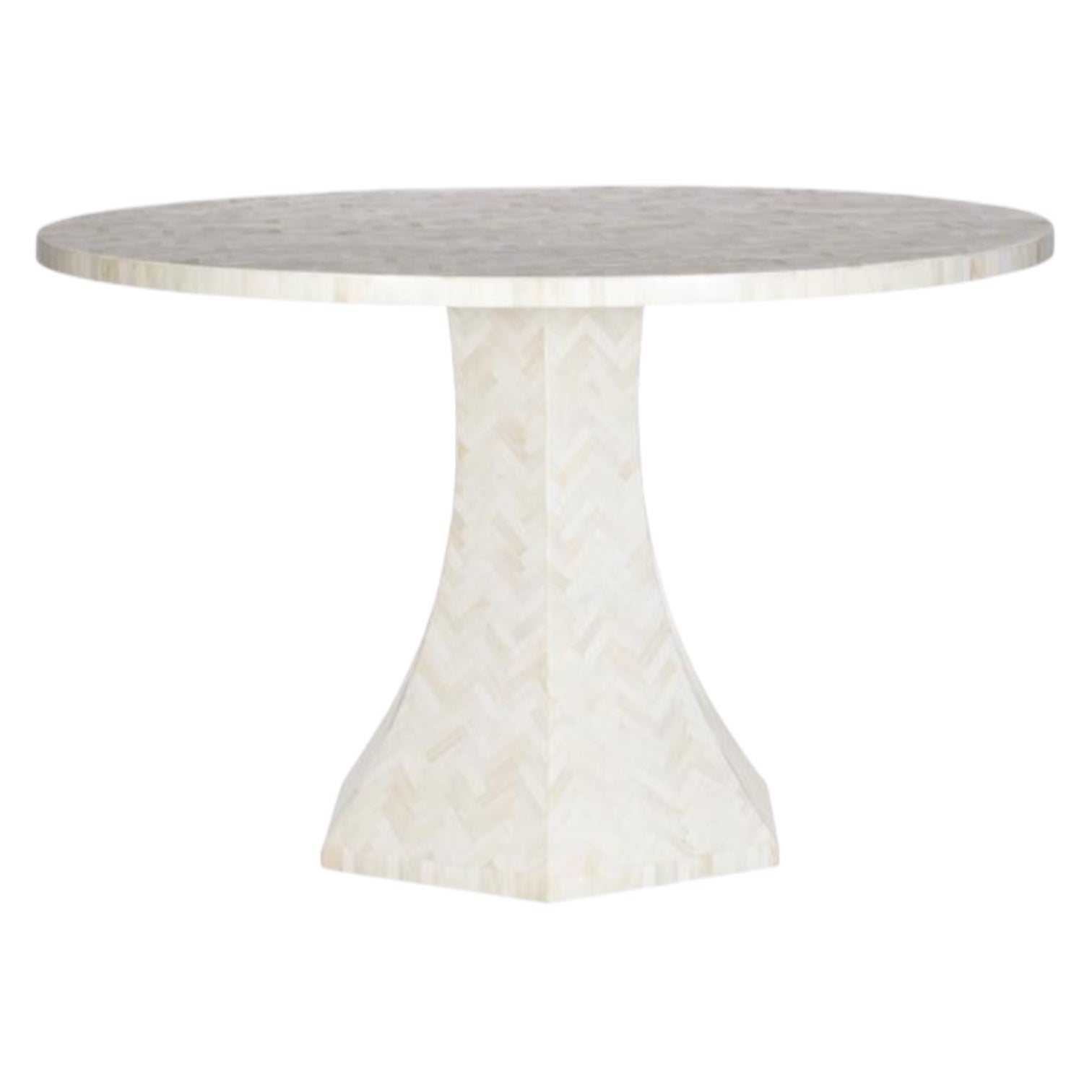 The Keenan Bone Dining Table by Highland House is a round, light-toned table featuring a herringbone-patterned base and tabletop, shown on a white background.