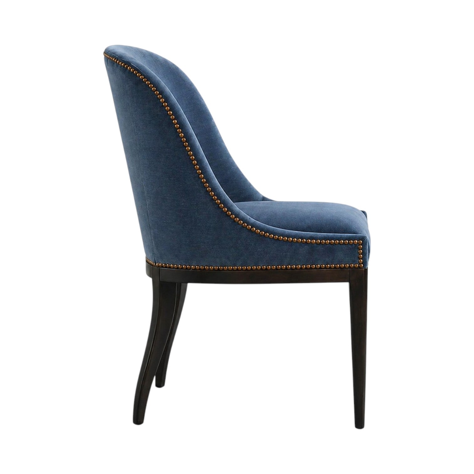 Side view of the Maurice Armless Chair by Sherrill/Mr & Mrs Howard, a contemporary blue upholstered seat with dark wooden legs and elegant brass nailhead trim.