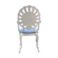 The Hive Vintage Shell Chair Set features shell-shaped backrests, curved armrests, and light blue cushioned seats—ideal mid-century accents viewed from the back.
