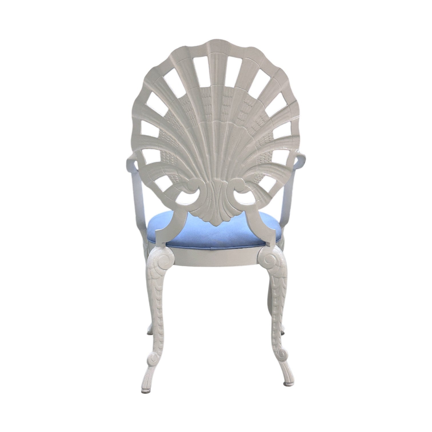 The Hive Vintage Shell Chair Set features shell-shaped backrests, curved armrests, and light blue cushioned seats—ideal mid-century accents viewed from the back.
