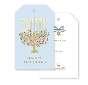 The Dogwood-Hill Garden Of Sharon Gift Tag Set includes two Hanukkah tags: one with a floral Menorah and "Happy Hanukkah," the other with "To/From," a blue bow, and Star of David—perfect for your festive gifting!.