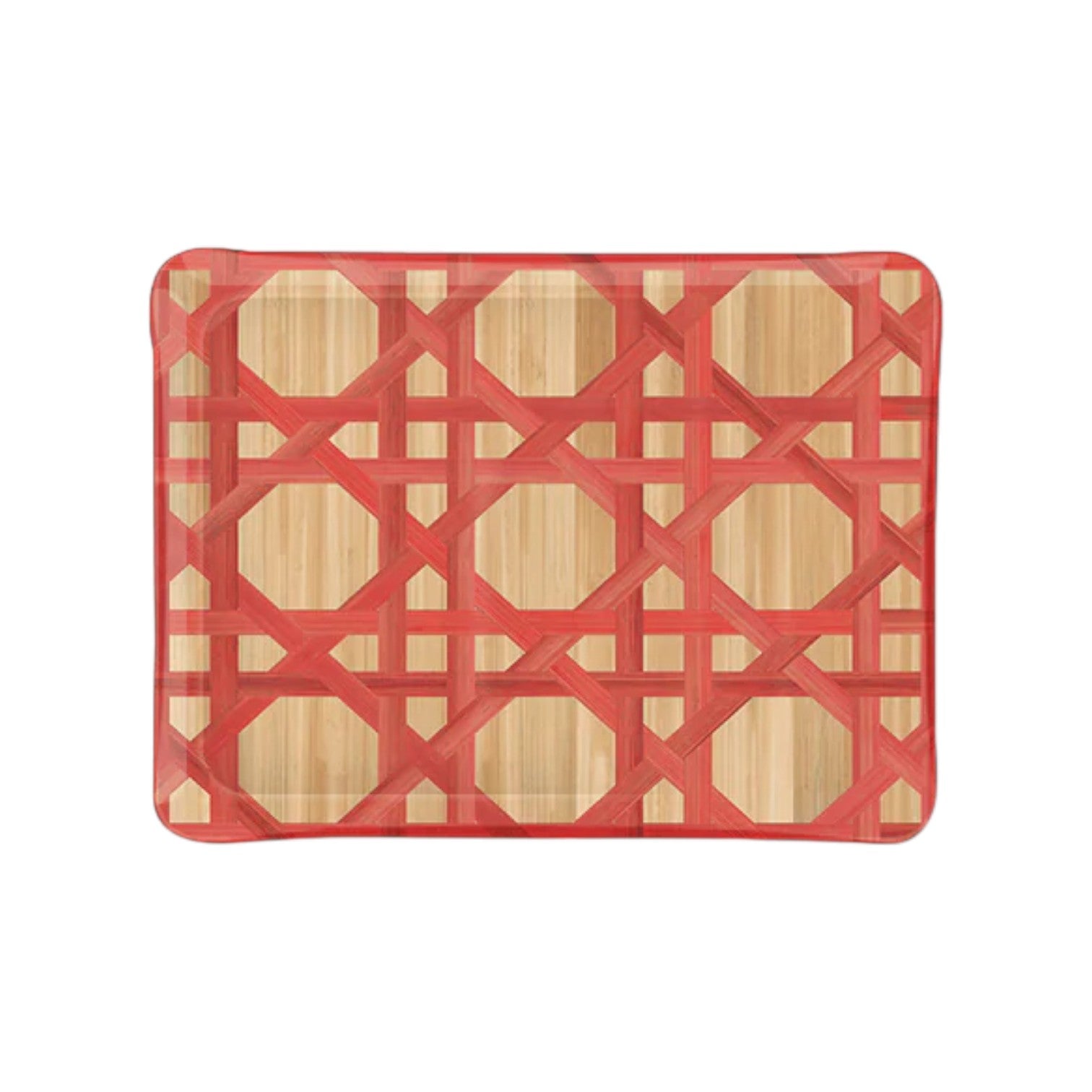 The Epoch Versailles Collection bamboo tray by HestiaLiving features a red and natural geometric lattice, ideal for woven caning fans or stylish holiday entertaining.