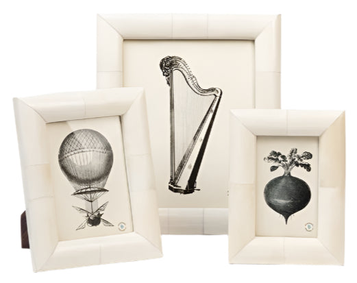 The Vannes Frame Collection by Pigeon & Poodle displays three beveled white-framed pictures with black-and-white illustrations of a hot air balloon, harp, and root vegetable.