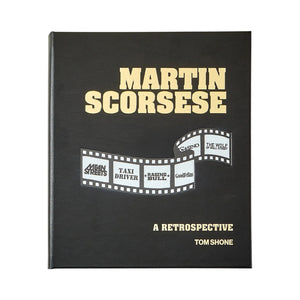 A black "Martin Scorsese: A Retrospective" book cover from Graphic Image features a film strip design listing classic movies by the legendary director Martin Scorsese.