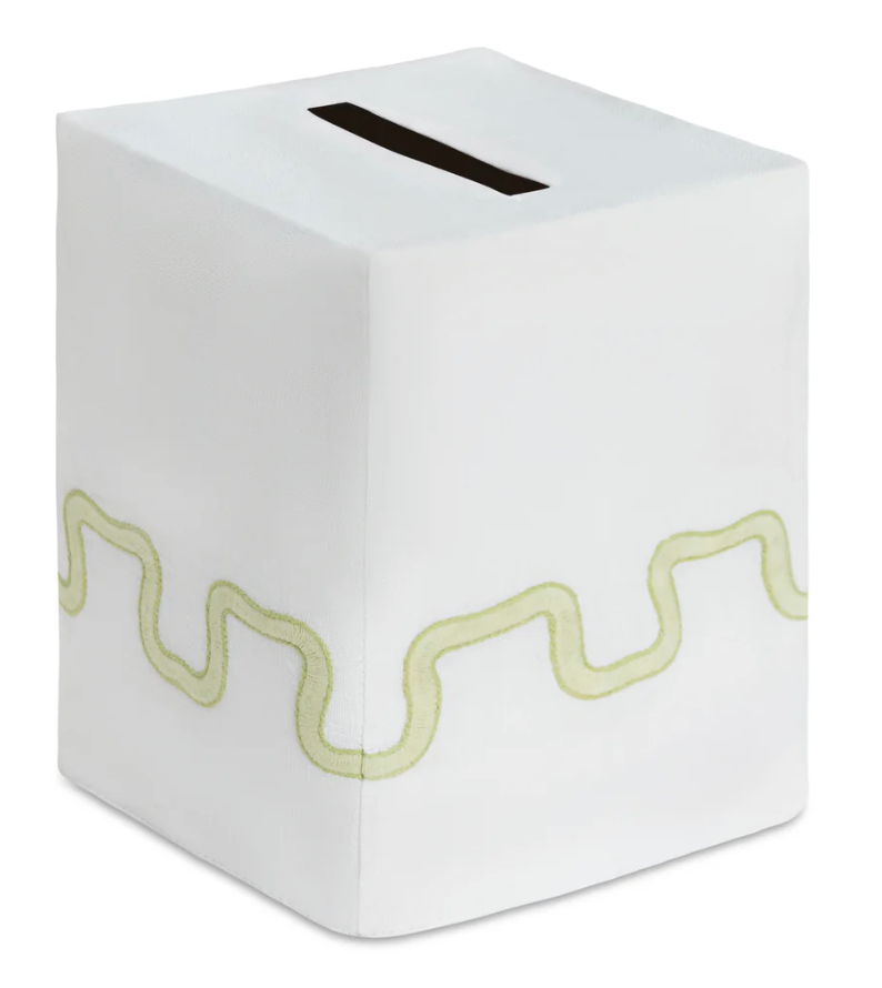 Haute Home Waverly Bath Accessories white rectangular premium linen tissue box cover with a light green wavy stitched pattern.