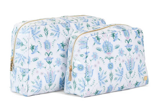 The TRVL Design Luxe Gloss Wash Bag Set Collection features two zippered cosmetic bags in a light blue, green, and pink floral pattern—ideal as a glossy wash bag or makeup organizer for travel.