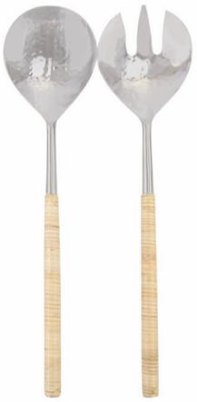 Two elegant serving utensils—the Aquila Serving Collection by Be Home—feature hammered metal bowls and light, textured handles. Handcrafted in India, the set includes an upright spoon and fork displayed side by side.