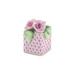 Herend "Roses in Vase" small hexagonal porcelain box, hand painted with a pink fish scale pattern and topped with two pink roses and green leaves.
