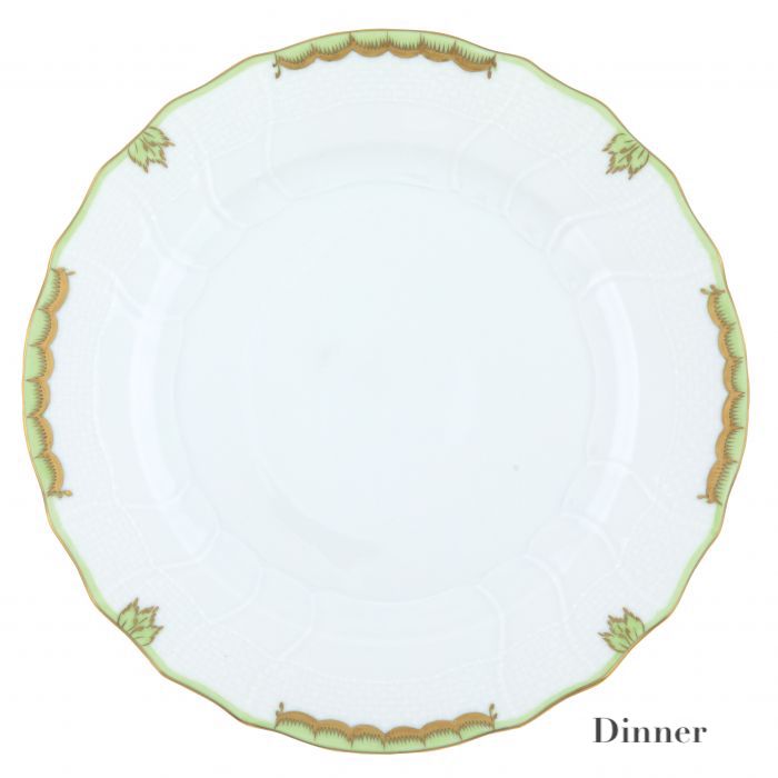 Herend's Princess Victoria Green Collection dinner plate features a white porcelain base with a hand-painted green and gold scalloped rim, and "Dinner" script in the lower right for an elegant Queen Victoria era touch.