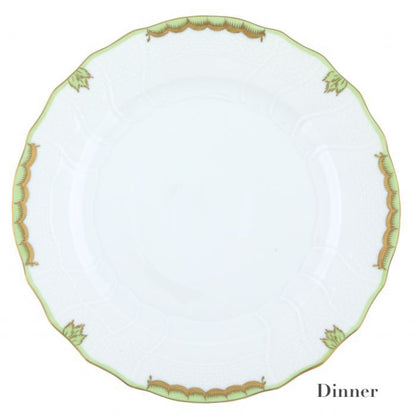 Herend's Princess Victoria Green Collection dinner plate features a white porcelain base with a hand-painted green and gold scalloped rim, and "Dinner" script in the lower right for an elegant Queen Victoria era touch.