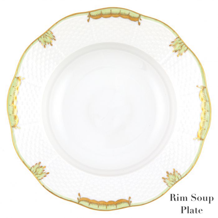 The Herend Princess Victoria Green Collection features a white porcelain rim soup plate with a textured pattern and elegant gold and green accents inspired by Queen Victoria. "Rim Soup Plate" is displayed in the bottom right corner.