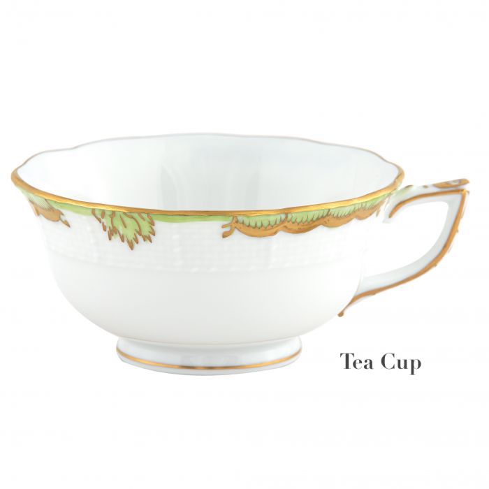 The Herend Princess Victoria Green Collection tea cup features gold and green hand-painted designs on white porcelain, displayed on a plain white background with "Tea Cup" beside it.
