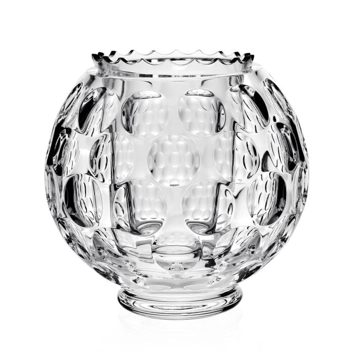 The Victoria Flower Centre Vase by William Yeoward Crystal features clear glass, a round shape, wide opening, and raised circular patterns—ideal for floral arrangements and beautifully displayed against a white background.