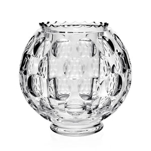 The Victoria Flower Centre Vase by William Yeoward Crystal features clear glass, a round shape, wide opening, and raised circular patterns—ideal for floral arrangements and beautifully displayed against a white background.