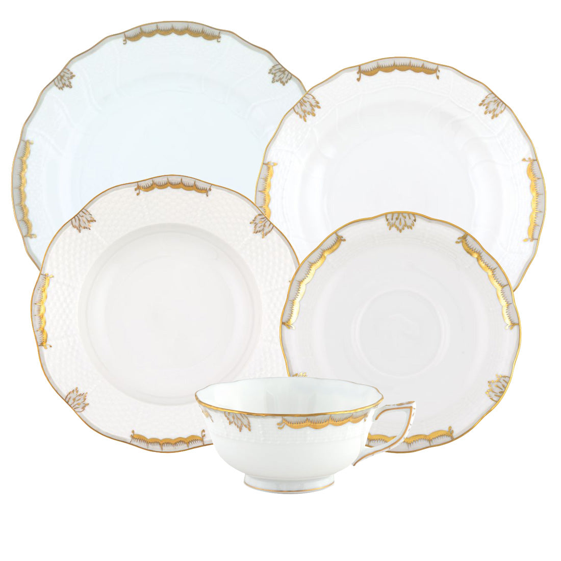 The Herend Princess Victoria Gray Collection features four white porcelain plates and a teacup with gold trim, inspired by hand-painted Herend designs, displayed against a white background.